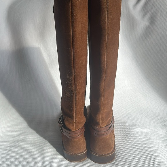 Frye Brown Suede Women’s Knee High Riding Boots Sz 8.5 Leather Brass Details - Picture 6 of 16